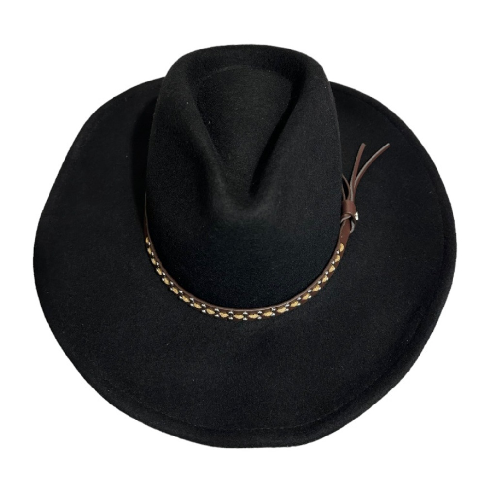 HOUSE OF HARLOW 1960 Black 100% Wool Hat Western with 100% Genuine Leather Trim